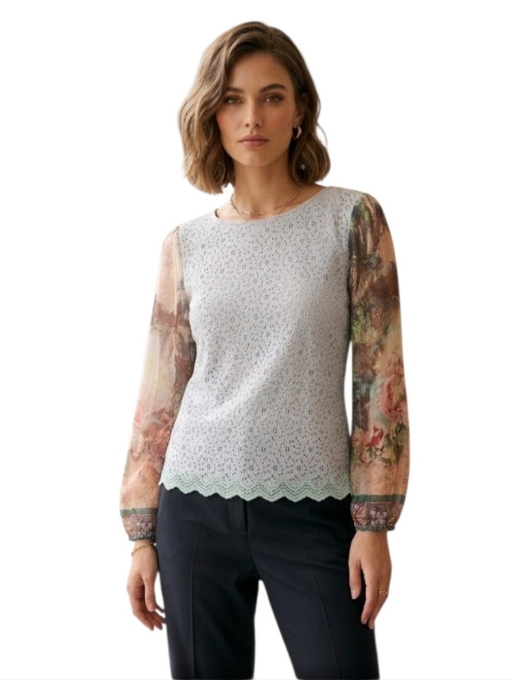 Sundance Light Gray Eyelet Top with Floral Sheer Silk Sleeves Size Large